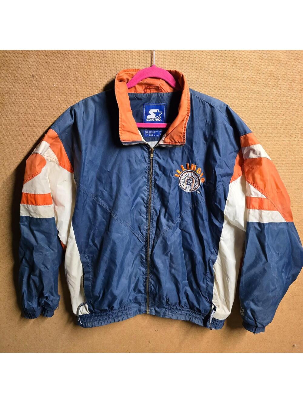 Vtg 1980s NCAA Starter Blue Pull Windbreaker Jacket Cheif Illiniwek illinois L